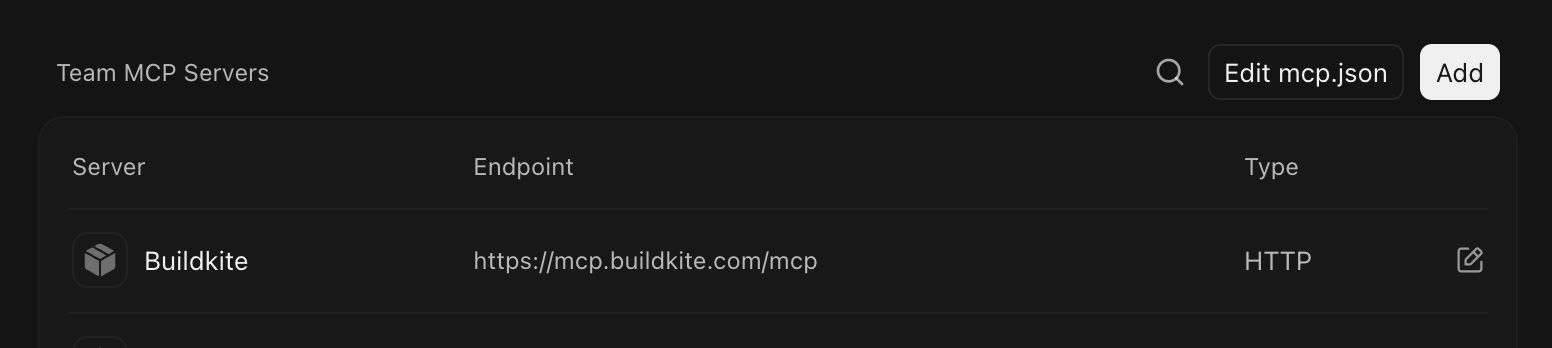 Team MCP Servers showing Buildkite configured with the remote MCP endpoint