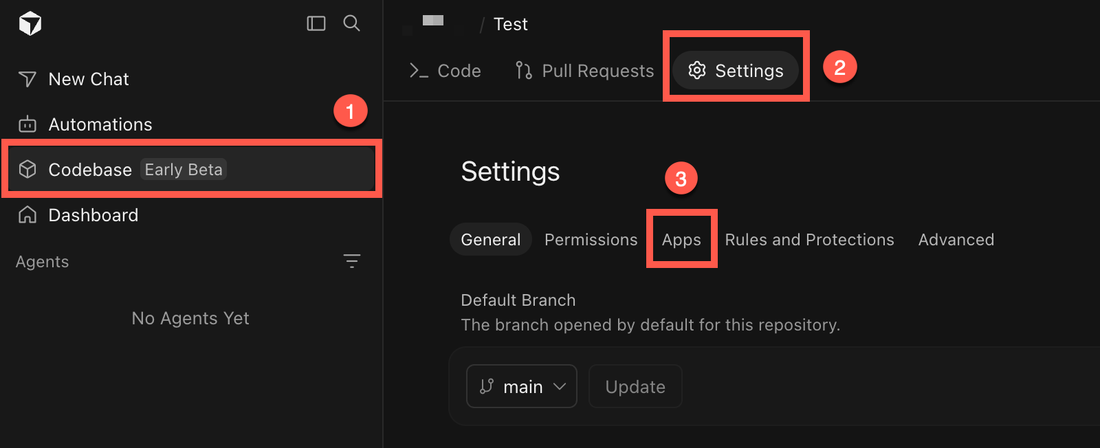 Origin repository settings with Codebase and Apps highlighted