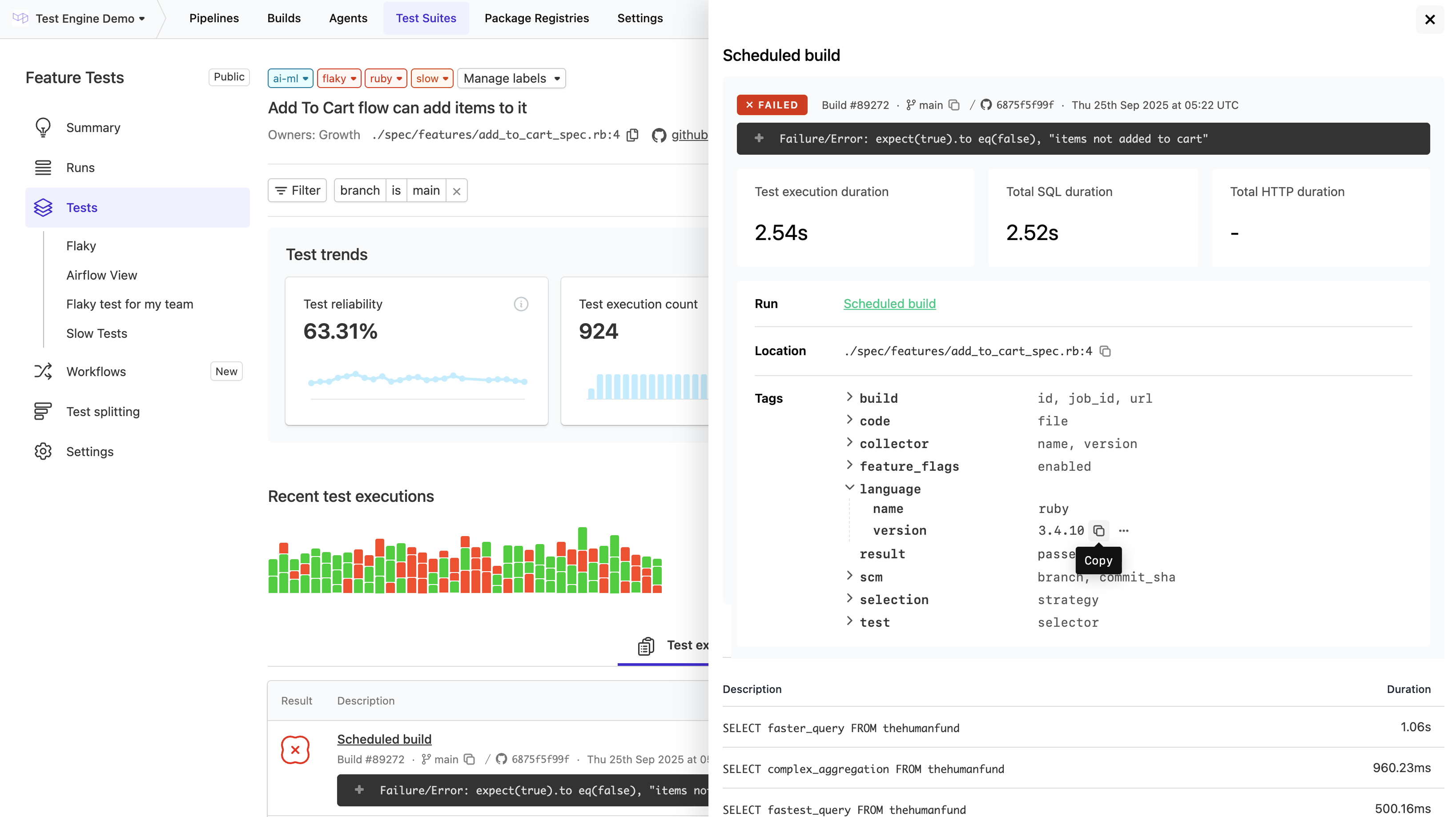 Screenshot of test page with execution drawer open displaying execution tags available for filtering and aggregtion