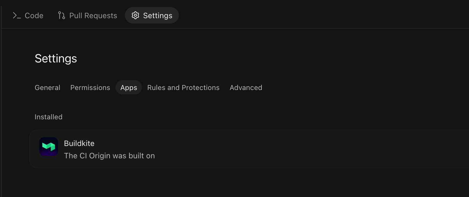 Origin repository Apps settings showing Buildkite under Installed