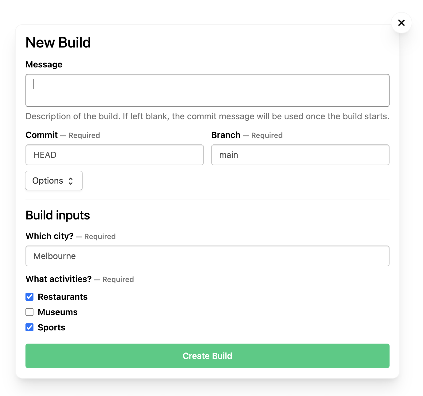 New Build form with input fields pre-populated